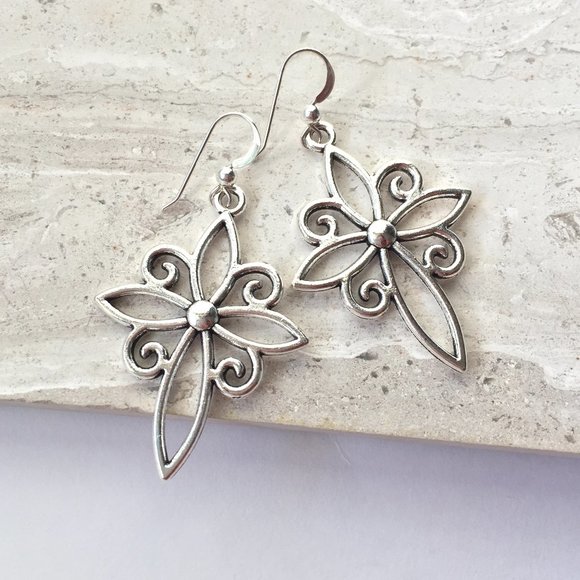 Sterling Silver Lotus swirl Cross Earrings - Picture 3 of 5